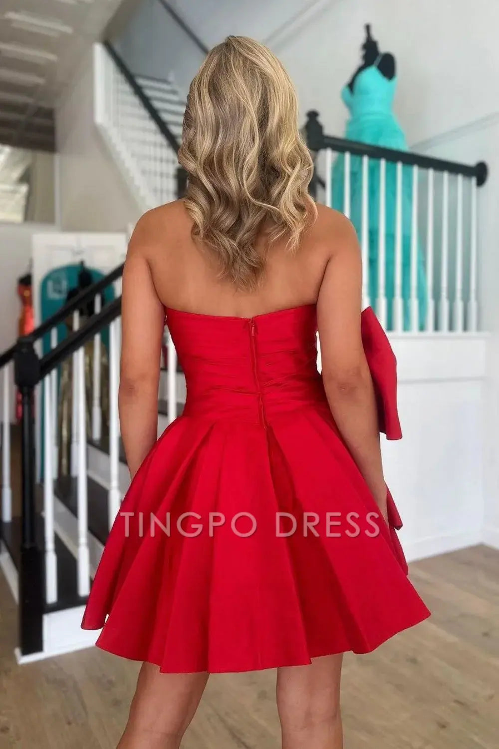 TingPo Wholesale Elegant Red A Line Strapless Short Satin Homecoming Dress With Bow-knot formal wear dresses