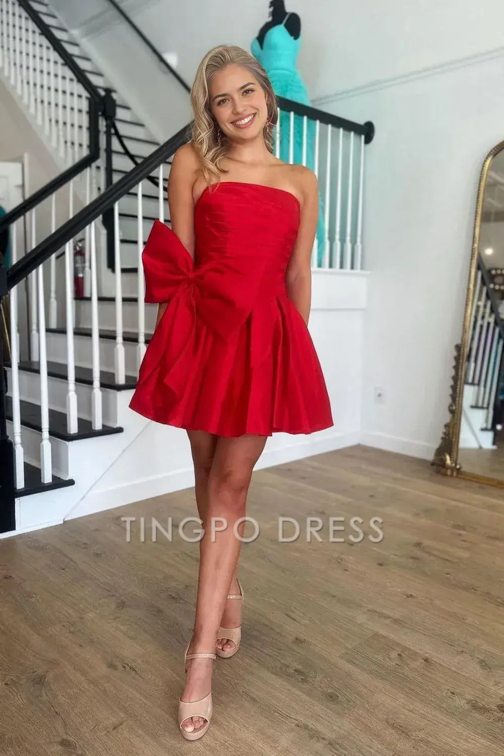 TingPo Wholesale Elegant Red A Line Strapless Short Satin Homecoming Dress With Bow-knot formal wear dresses