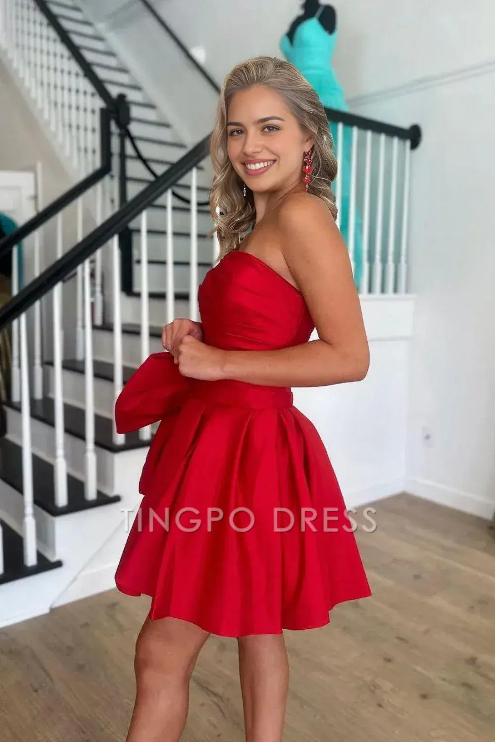 TingPo Wholesale Elegant Red A Line Strapless Short Satin Homecoming Dress With Bow-knot formal wear dresses