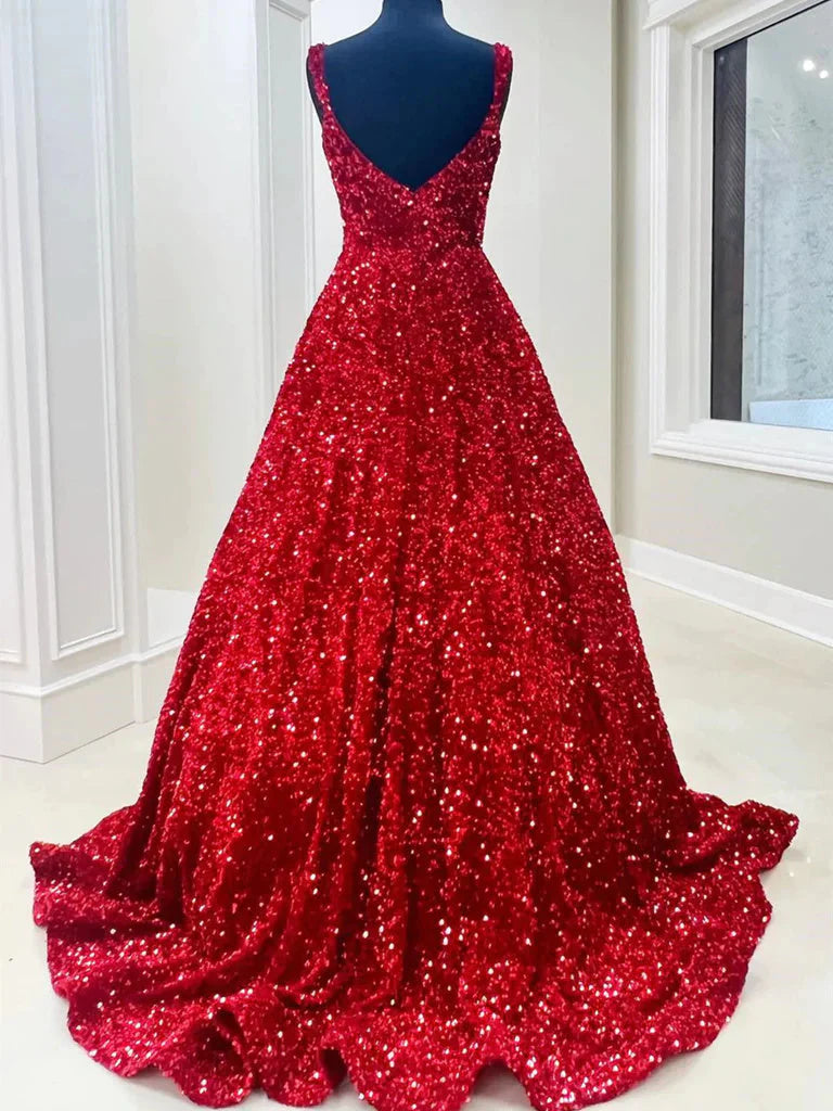 Wholesale A line Red Square Neck Sequin Long Prom Dresses Formal Evening Dresses