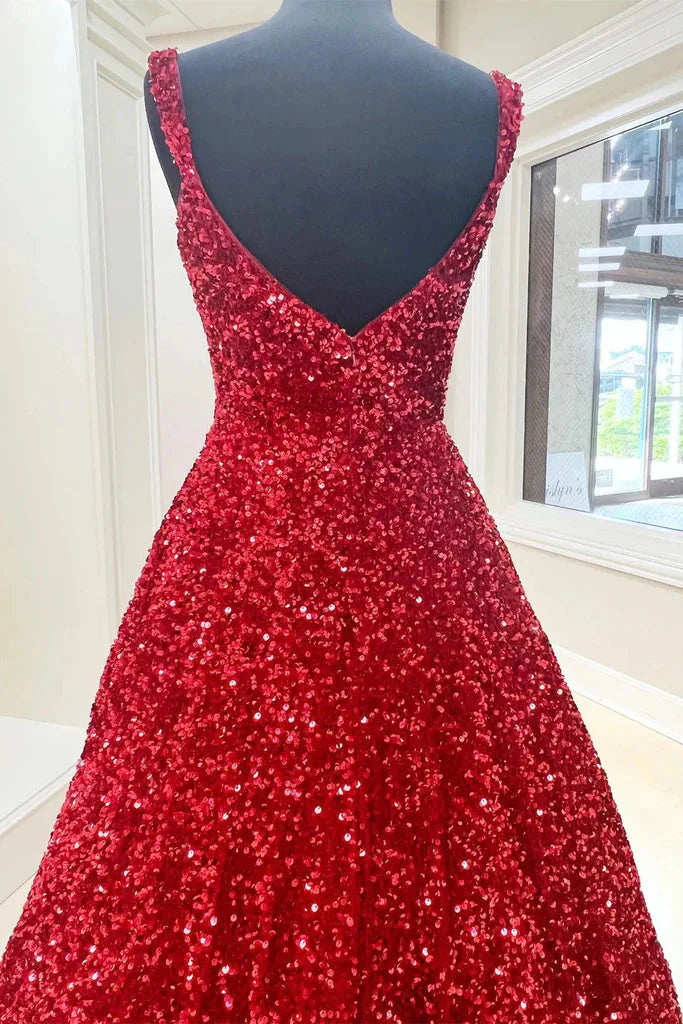 Wholesale A line Red Square Neck Sequin Long Prom Dresses Formal Evening Dresses