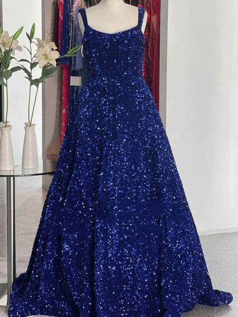 Wholesale A line Red Square Neck Sequin Long Prom Dresses Formal Evening Dresses