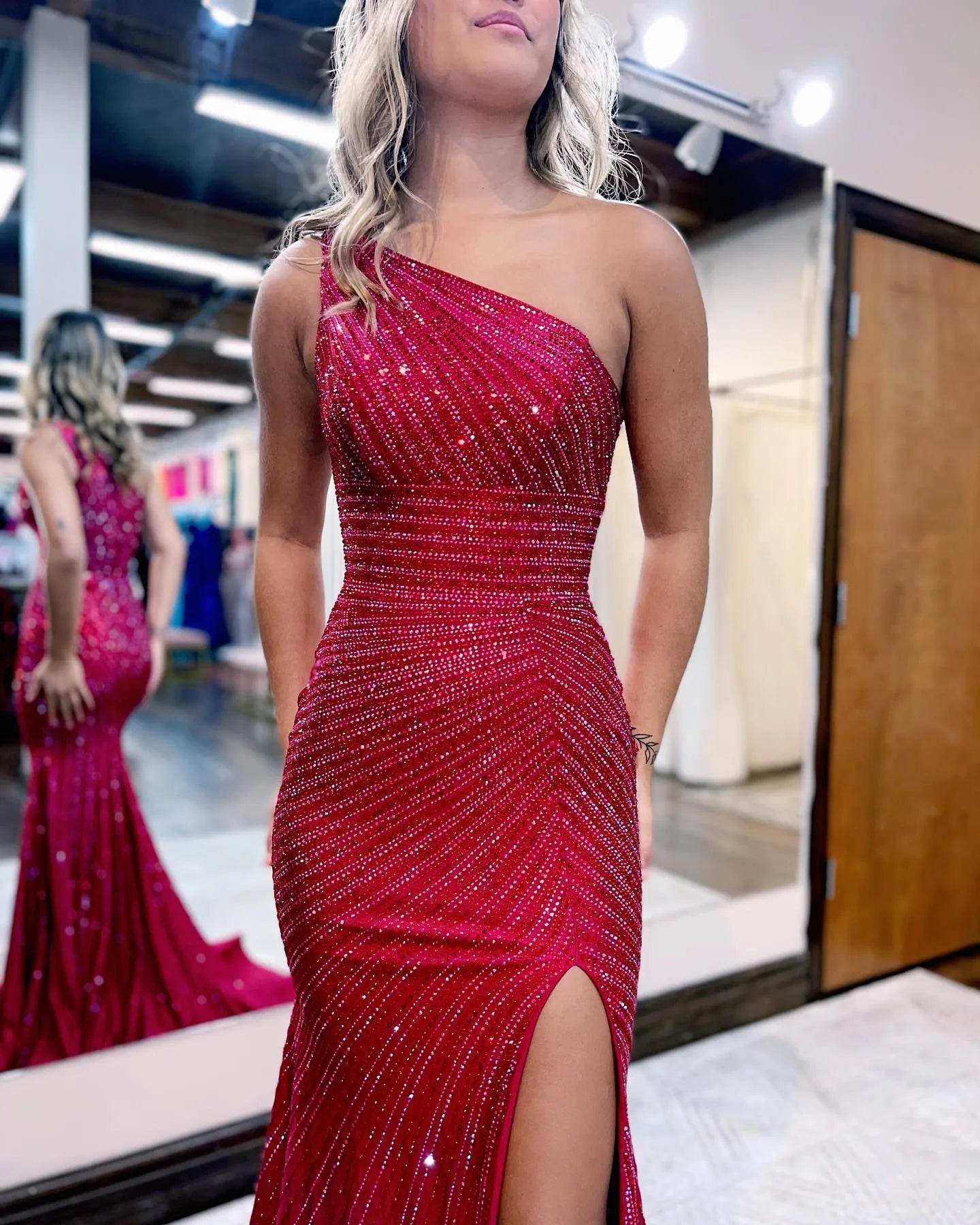 Wholesale Red Mermaid One Shoulder Prom Dress With Split
