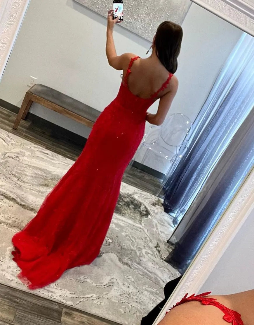 Wholesale Red Mermaid Spaghetti Straps Long Lace Prom Dress long prom dresses with sleeves