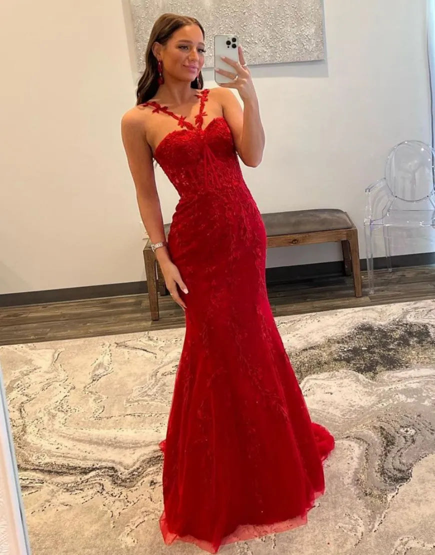 Wholesale Red Mermaid Spaghetti Straps Long Lace Prom Dress long prom dresses with sleeves
