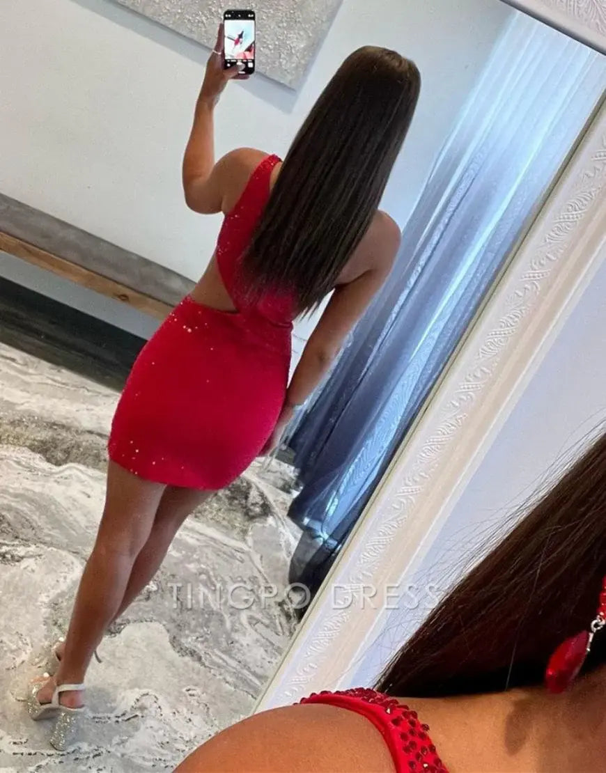 TingPo Wholesale Elegant Red One Shoulder Cutout Waist Short Glitter Homecoming Dress formal wear dresses