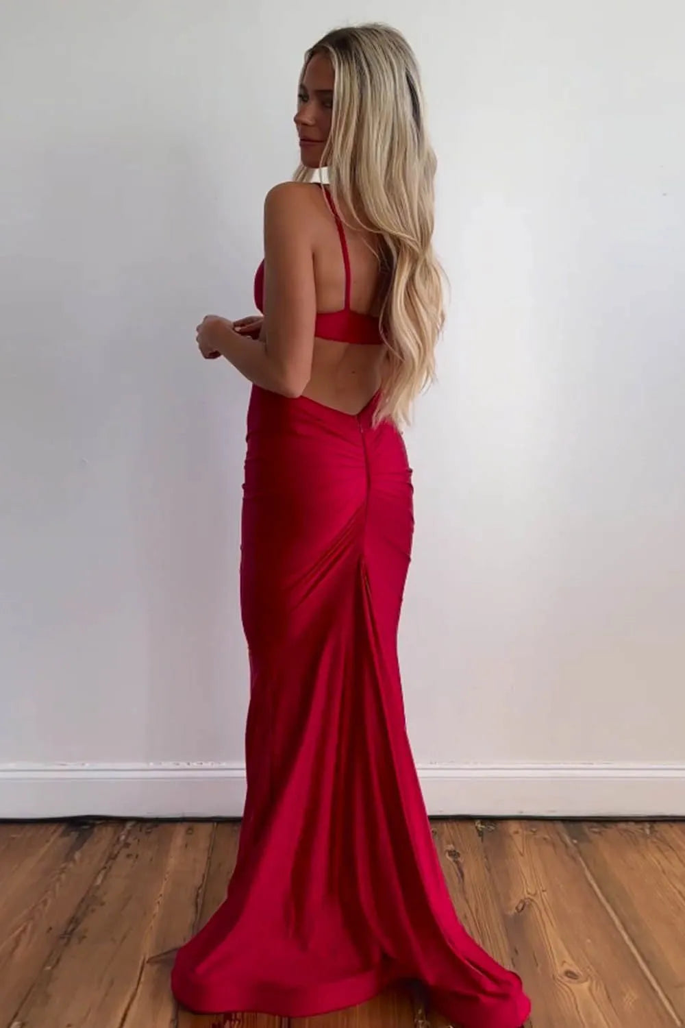 Wholesale Sexy Red Spaghetti Straps Cutout Waist Long Mermaid Satin Prom Dress