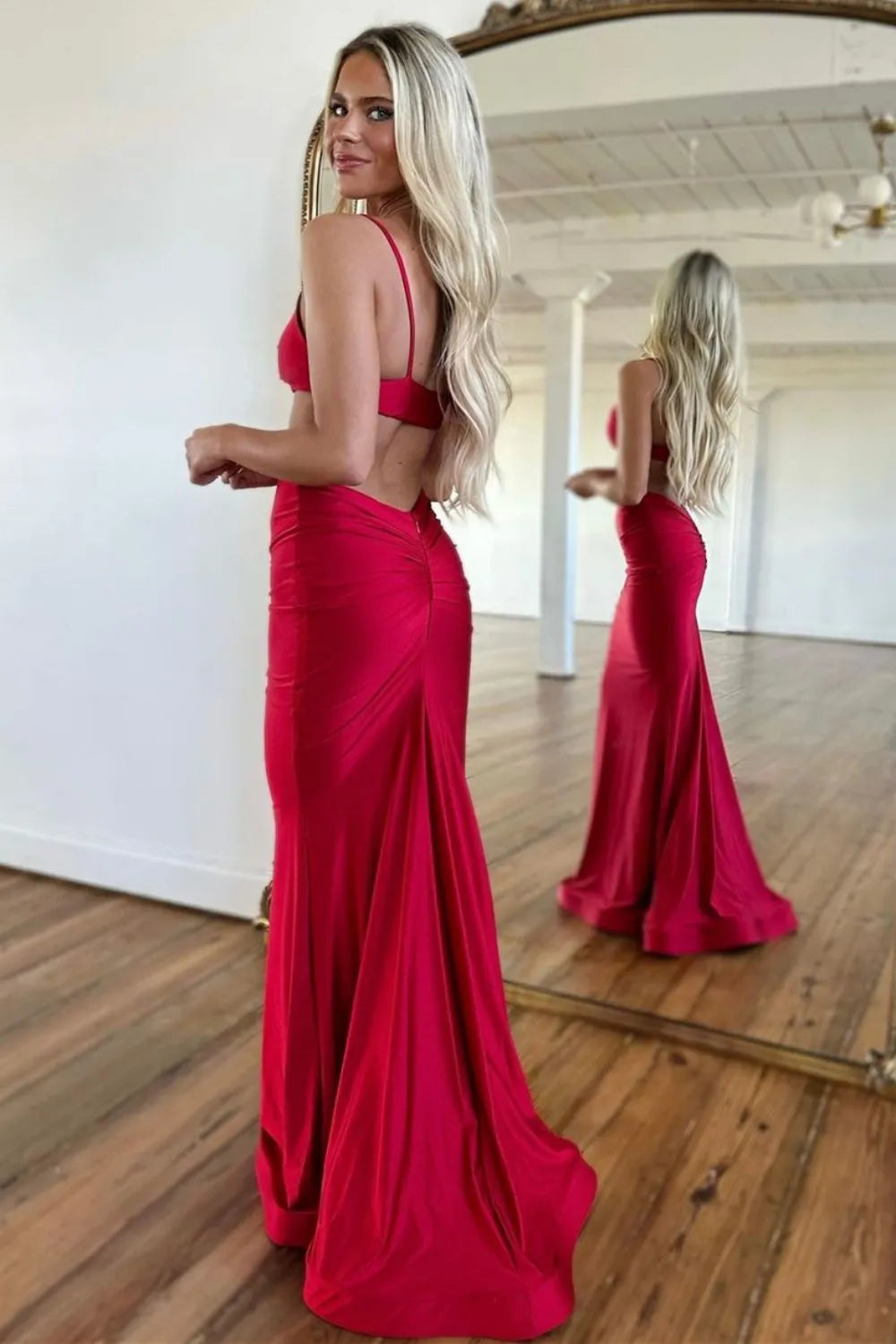 Wholesale Sexy Red Spaghetti Straps Cutout Waist Long Mermaid Satin Prom Dress