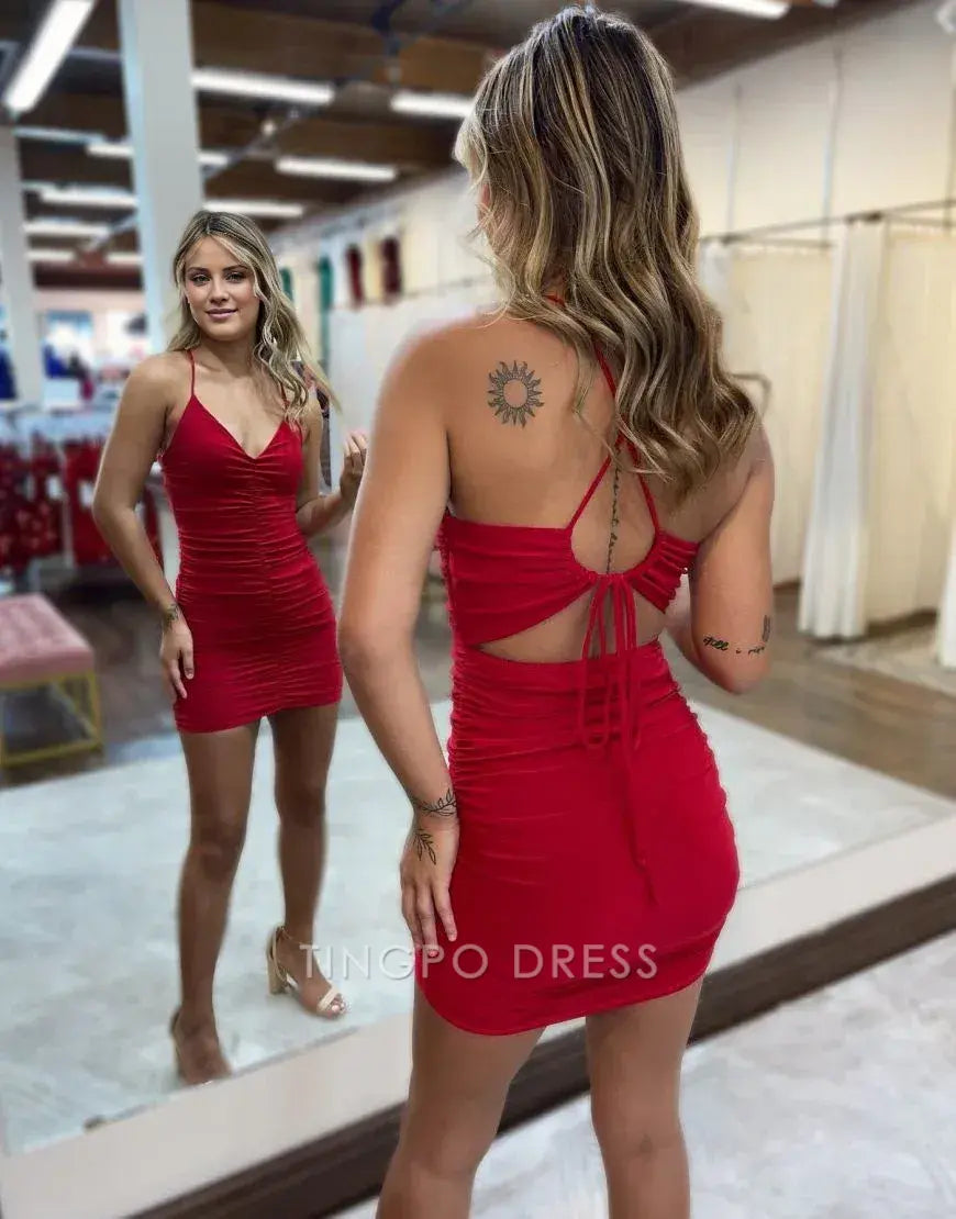 TingPo Wholesale Red Spaghetti Straps Key Hole Back Homecoming Dress formal wear dresses