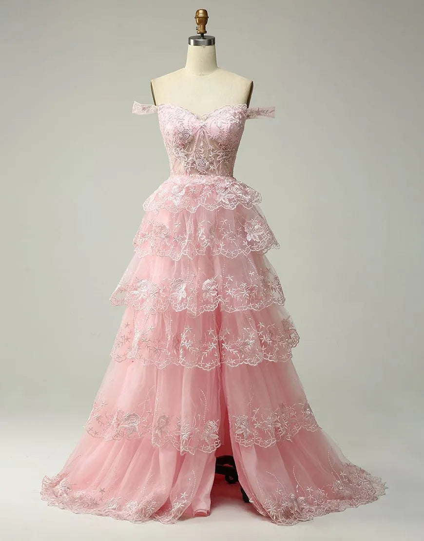 Wholesale Princess A-Line Off The Shoulder Tiered Prom Dress With Appliques prom dresses shops