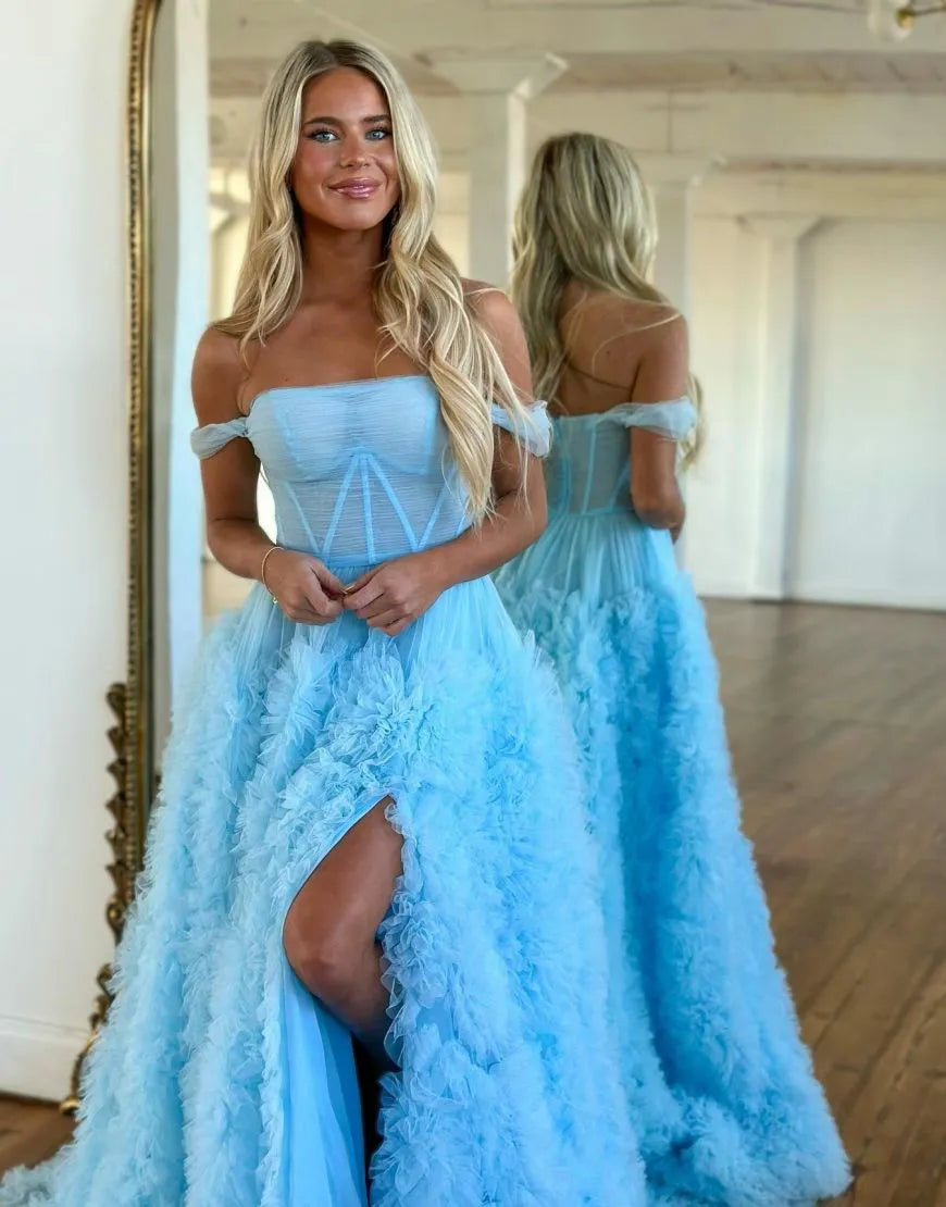 Wholesale Romantic A-Line Tiered Off The Shoulder Prom Dress With Split prom dresses shops