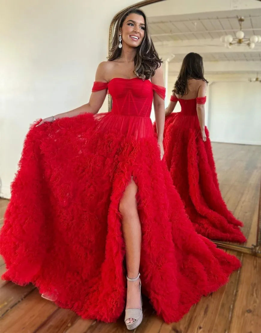 Wholesale Romantic A-Line Tiered Off The Shoulder Prom Dress With Split prom dresses shops