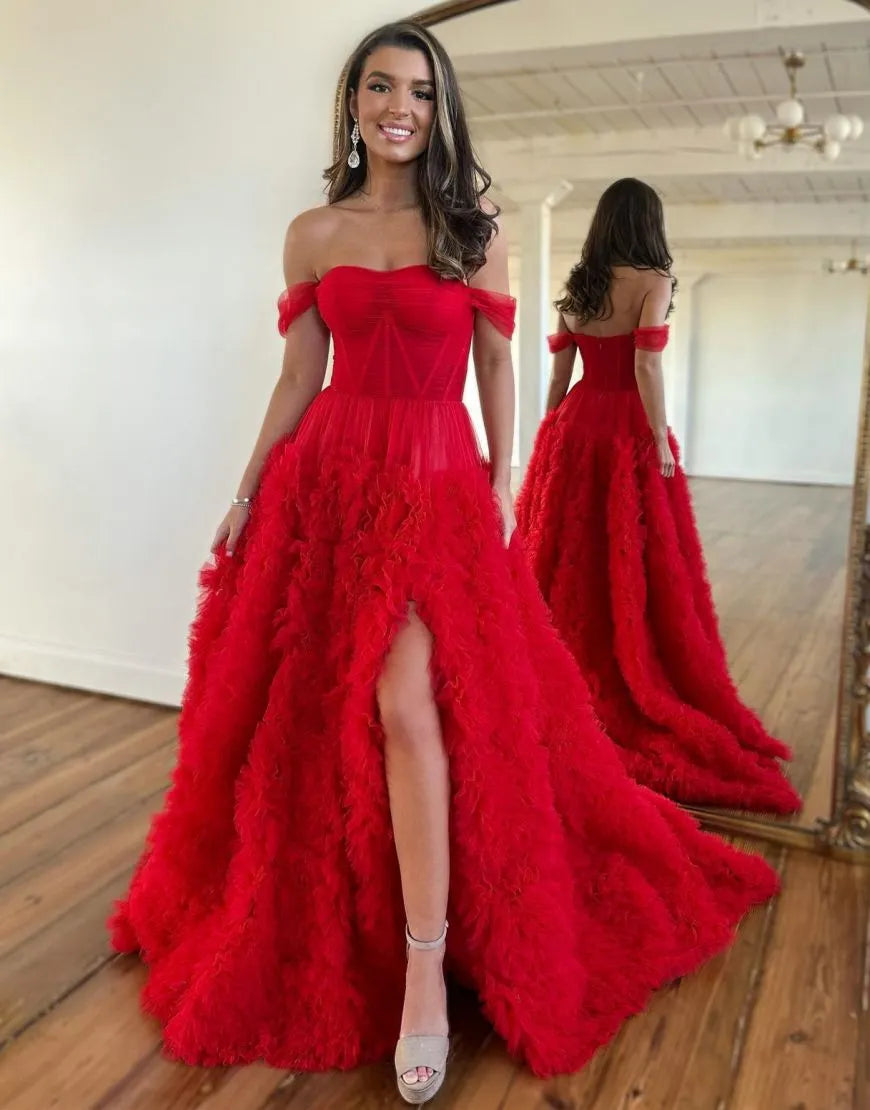 Wholesale Romantic A-Line Tiered Off The Shoulder Prom Dress With Split prom dresses shops