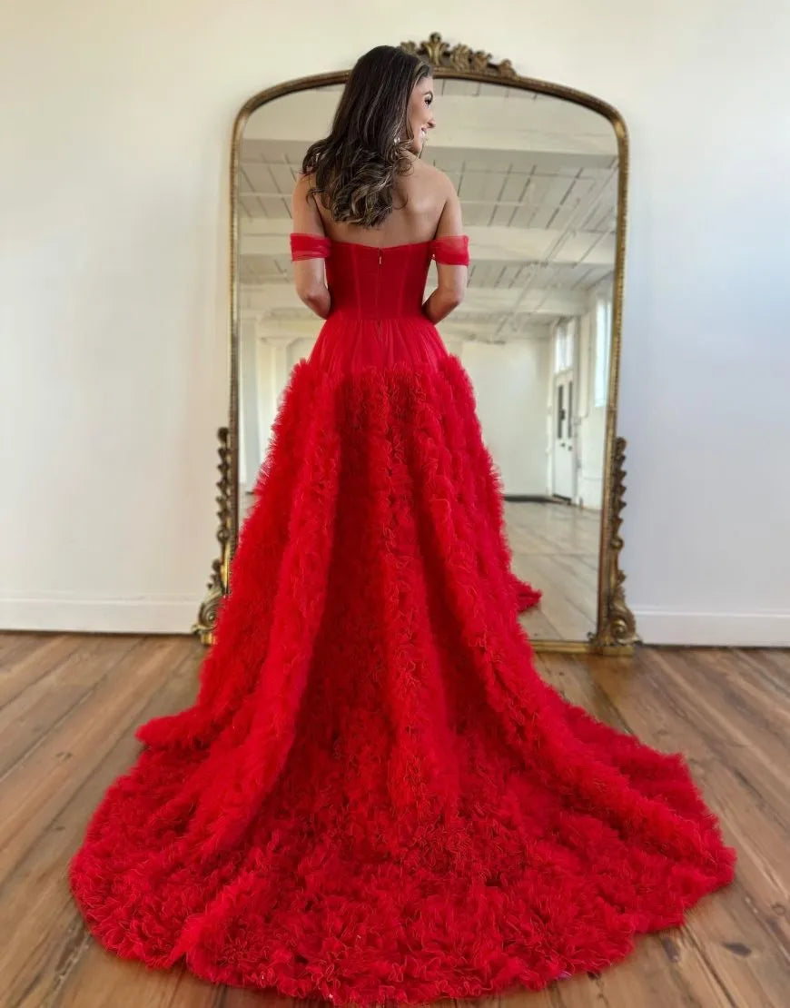 Wholesale Romantic A-Line Tiered Off The Shoulder Prom Dress With Split prom dresses shops