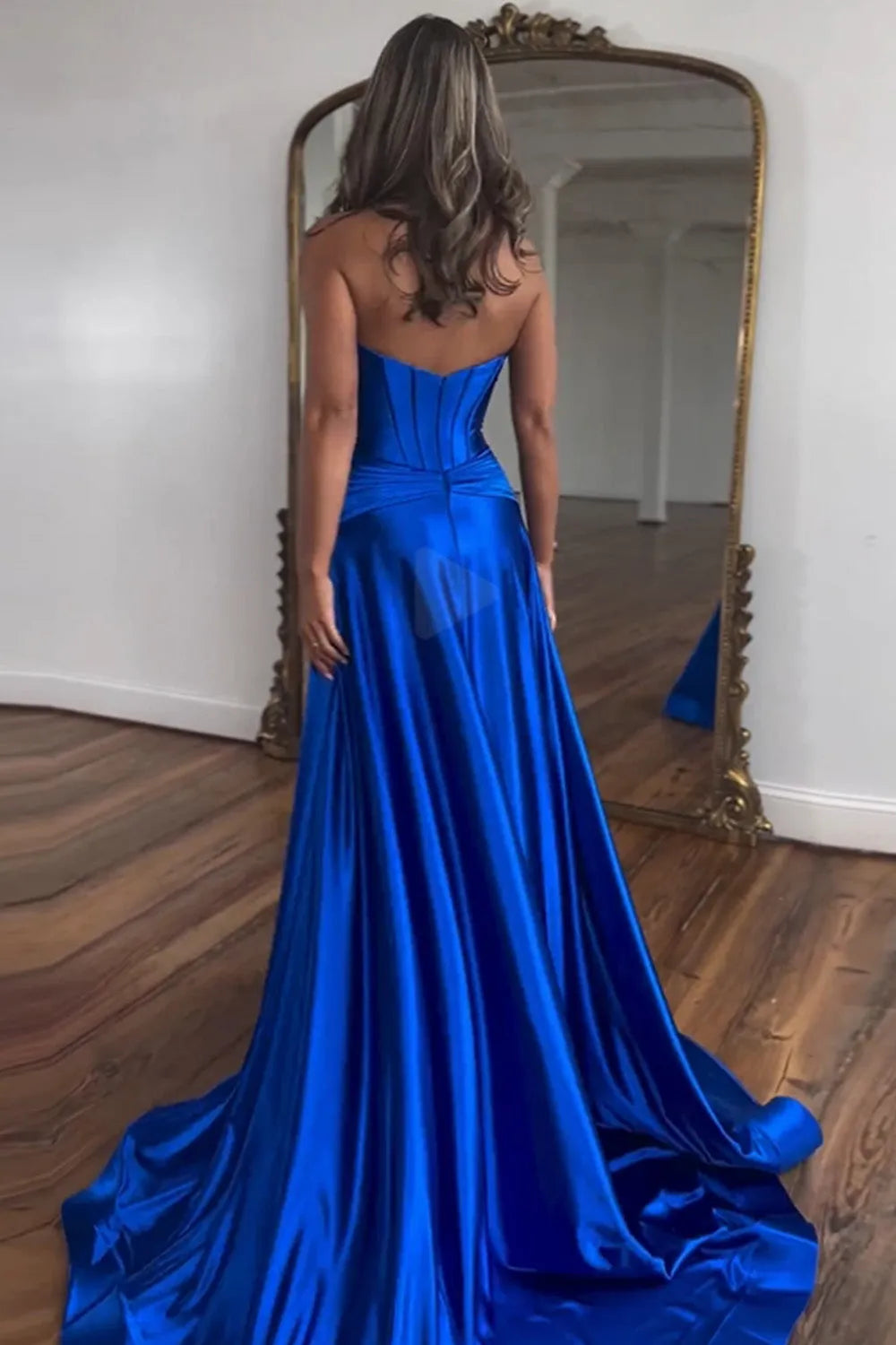 Wholesale Royal Blue Sweetheart Zipper Back Long Satin Prom Dress With Split long prom dresses with sleeves