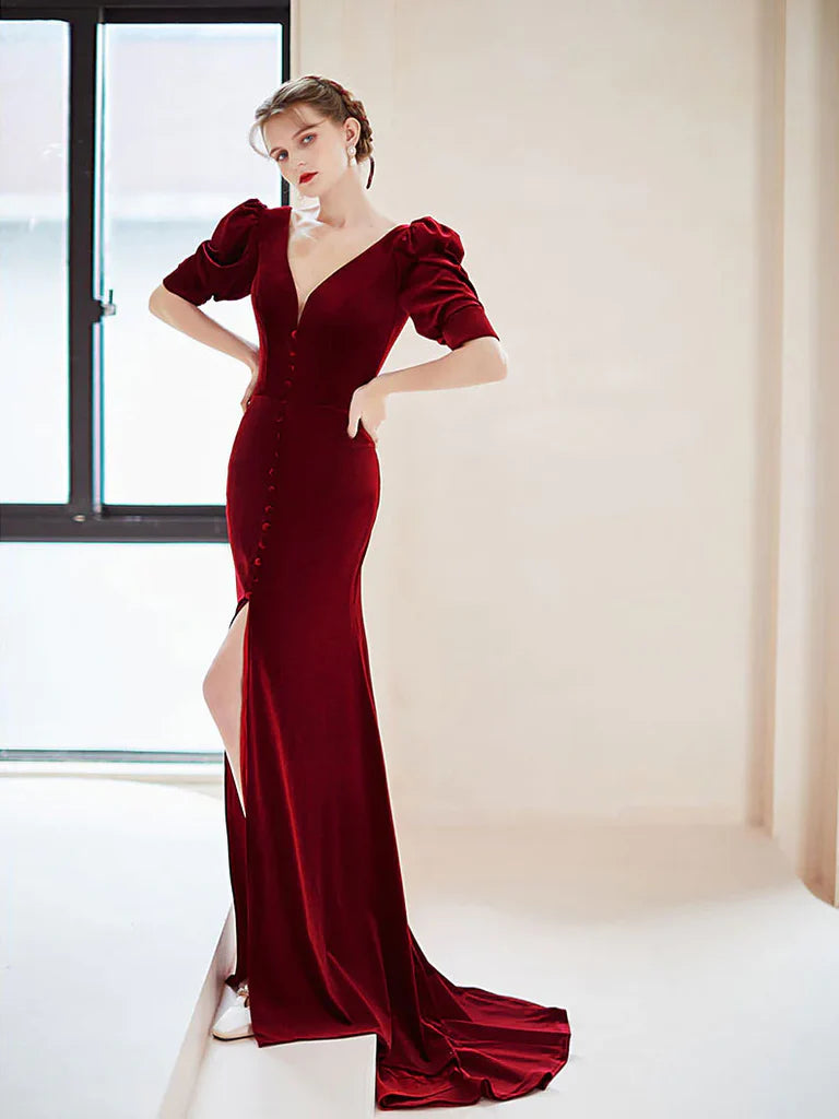 Wholesale Burgundy V-neck Short Sleeve Velvet Mermaid Long Formal Prom Dress
