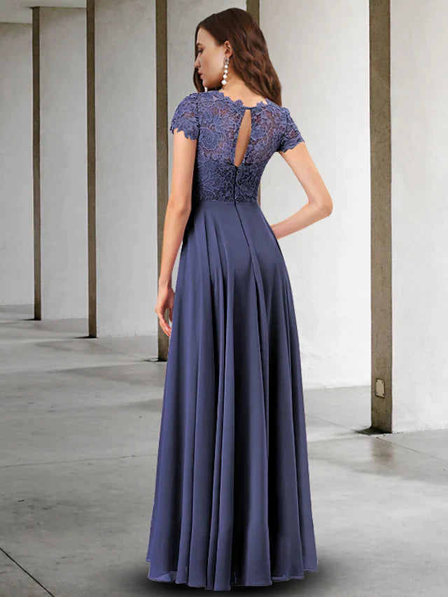 Wholesale A-Line Mother of the Bride Dress Elegant Jewel Neck Floor Length Chiffon Lace Short Sleeve with Pleats Appliques