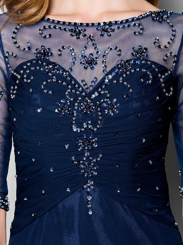 Wholesale A-Line Mother of the Bride Dress See Through Jewel Neck Chiffon Tulle Half Sleeve with Ruched Crystals Beading
