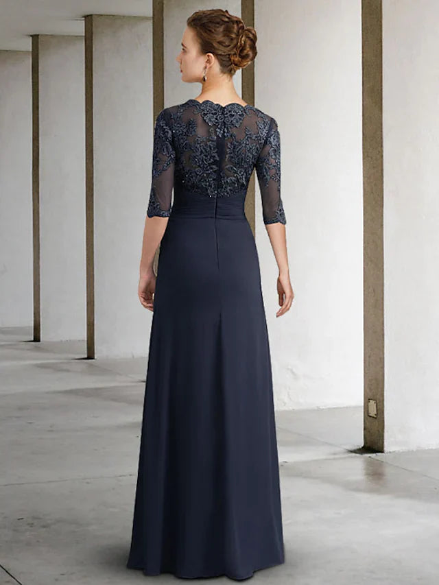 Wholesale Mother of the Bride Dress Elegant Jewel Neck Floor Length Chiffon Lace Half Sleeve with Pleats Appliques