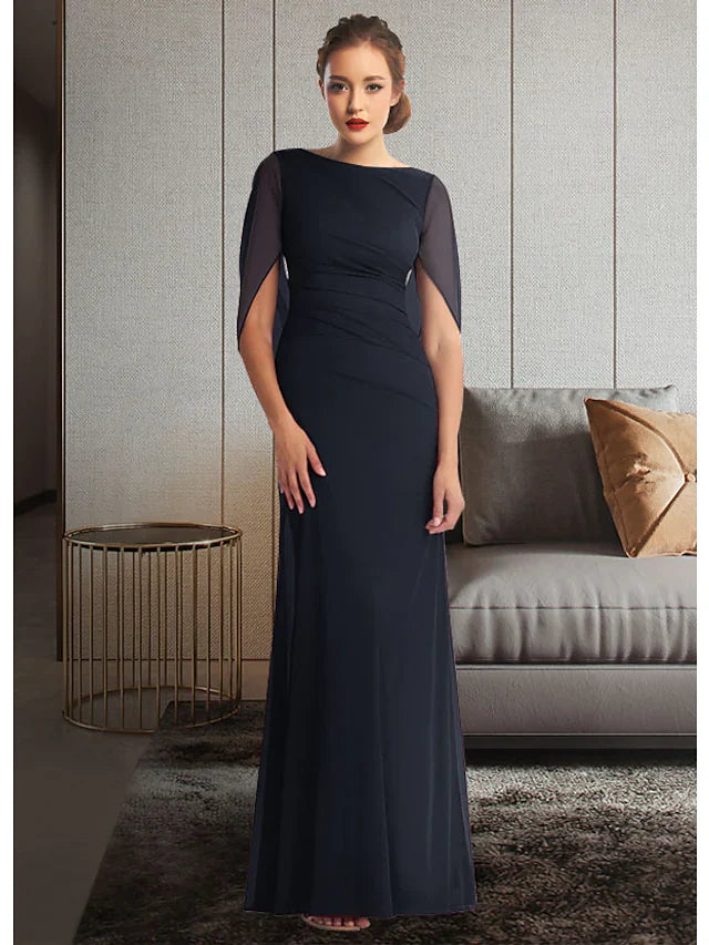 Wholesale Mother of the Bride Dress Elegant Jewel Neck Ankle Length Chiffon Half Sleeve with Pleats Ruching