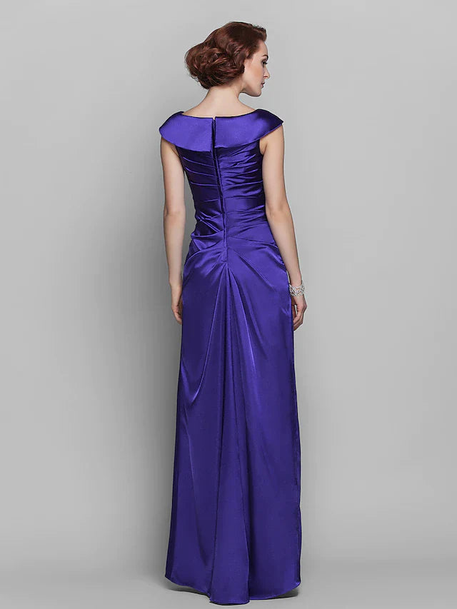 Wholesale Mother of the Bride Dress Elegant Off Shoulder Floor Length Stretch Satin Sleeveless with Beading Side Draping