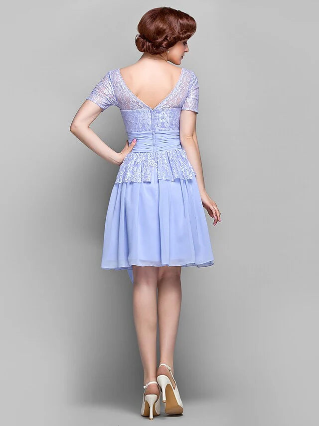 Wholesale A-Line Mother of the Bride Dress Square Neck Knee Length Chiffon Lace Short Sleeve with Lace Bow(s) Ruched