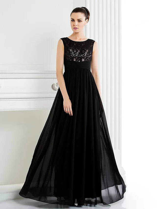 Wholesale A-Line Mother of the Bride Dress Scoop Neck Floor Length Chiffon Lace Sleeveless with Lace