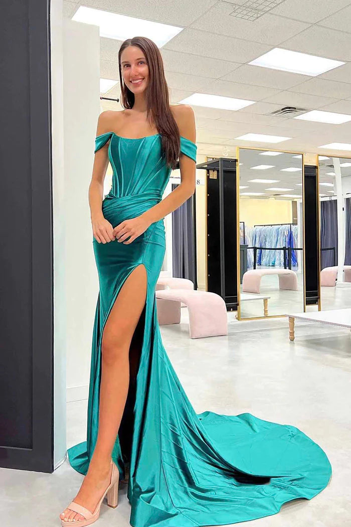 Wholesale Satin Prom Dresses Mermaid Off The Shoulder With Slit