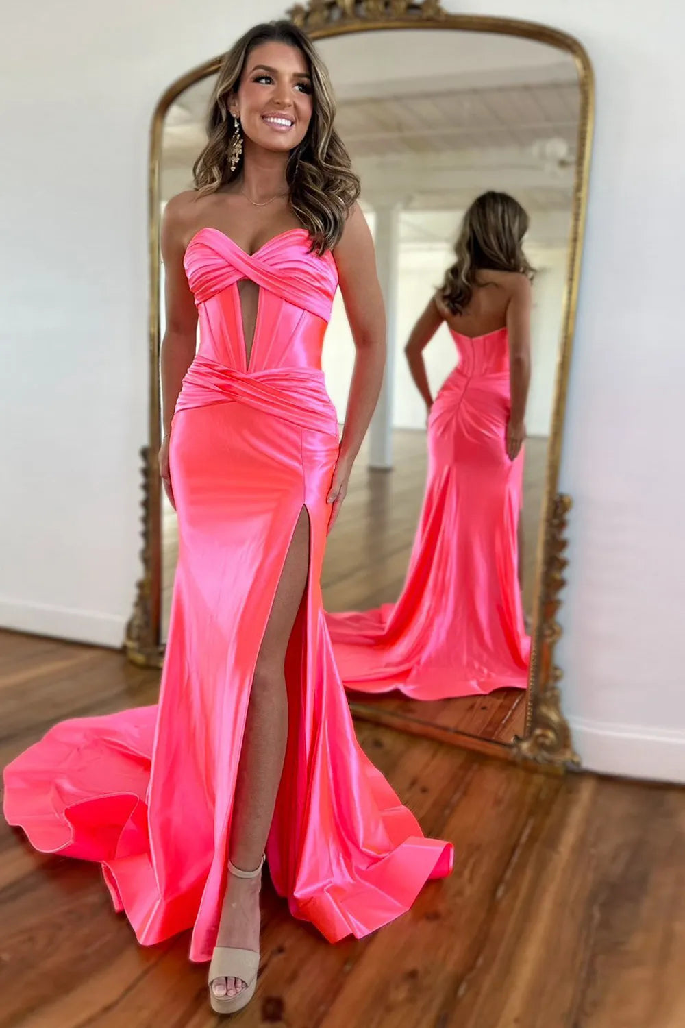 TingPo Wholesale Satin Mermaid Strapless Long Prom Dress With Split