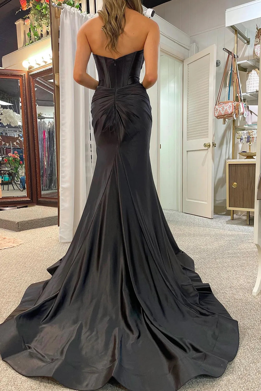 TingPo Wholesale Satin Mermaid Strapless Long Prom Dress With Split