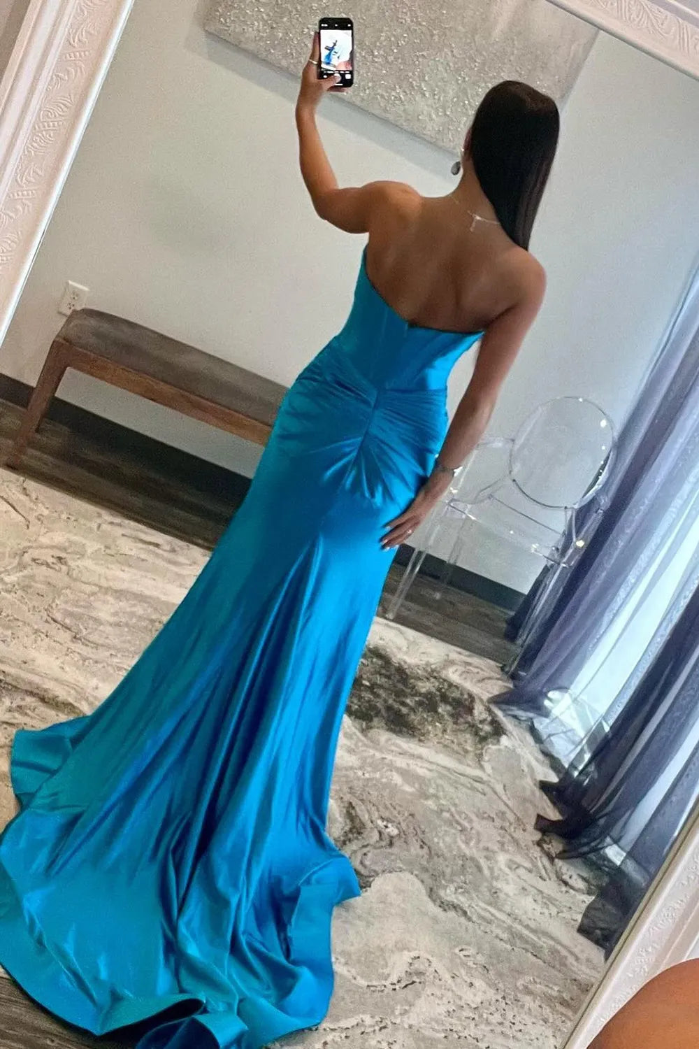 TingPo Wholesale Satin Mermaid Strapless Long Prom Dress With Split