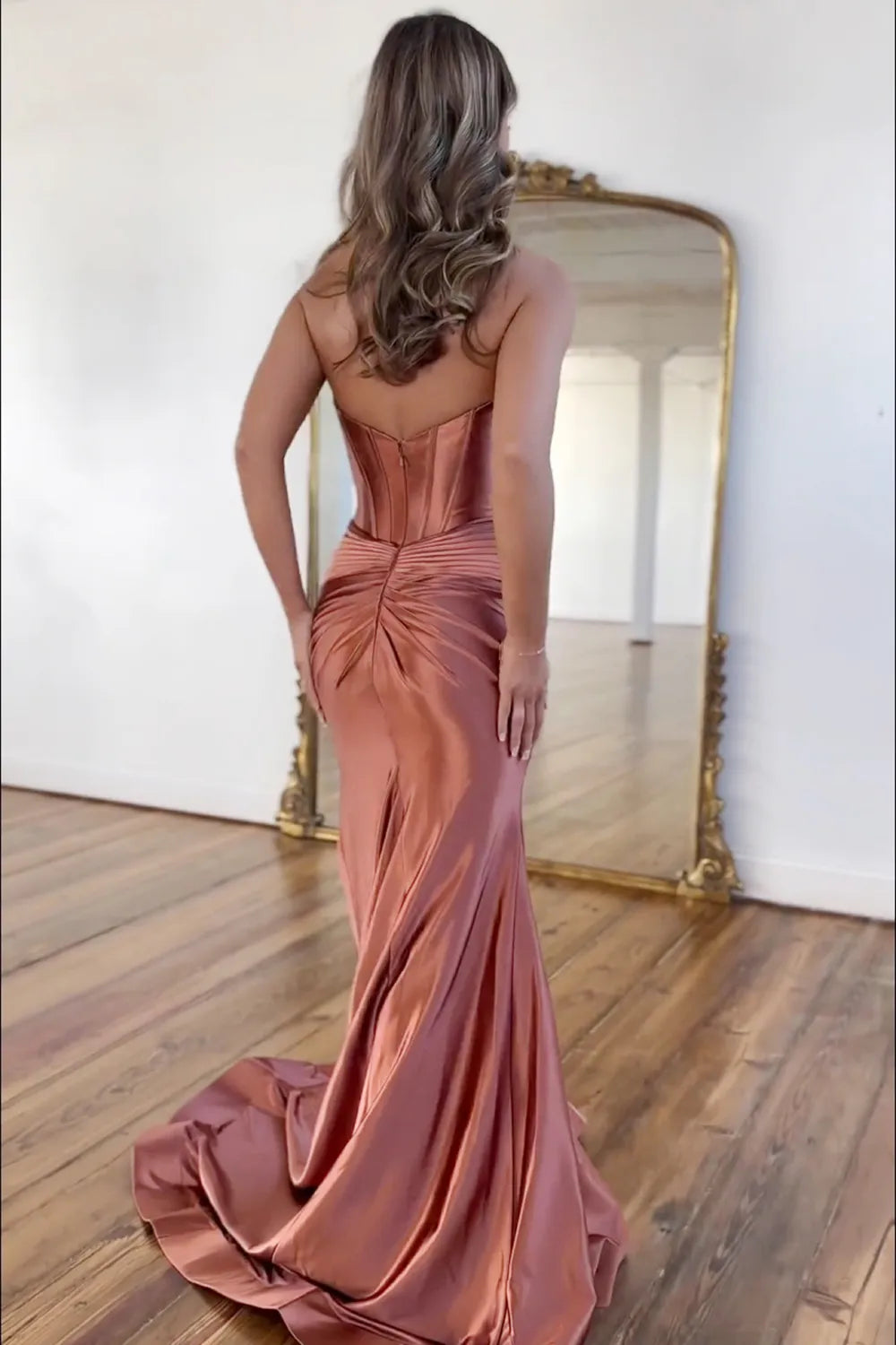 TingPo Wholesale Satin Mermaid Strapless Long Prom Dress With Split