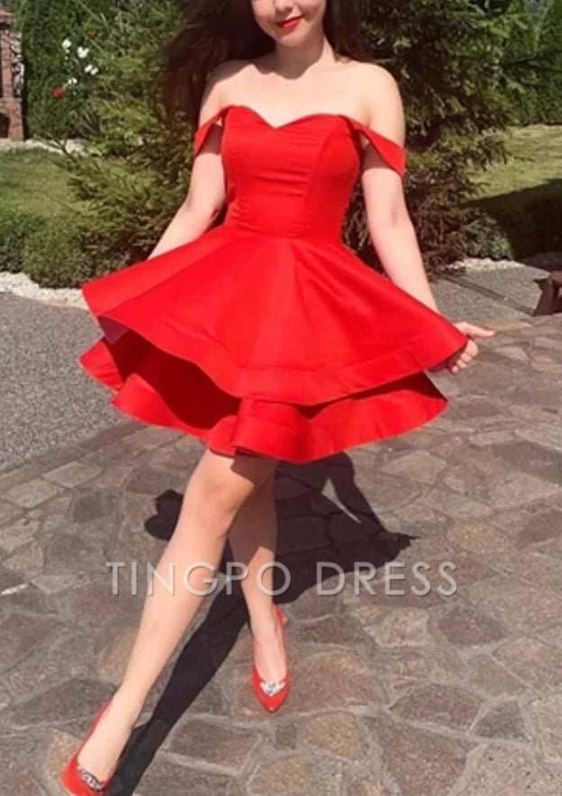 TingPo Wholesale Satin Off-the-Shoulder Mini A-line Homecoming Dress