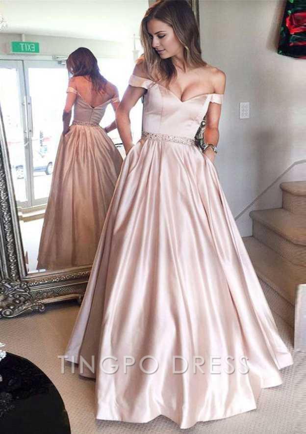 TingPo Wholesale Satin Prom Dress A-Line/Princess Off-The-Shoulder Long/Floor-Length With Beaded