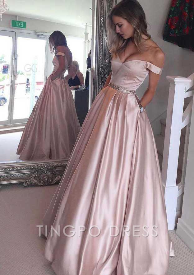 TingPo Wholesale Satin Prom Dress A-Line/Princess Off-The-Shoulder Long/Floor-Length With Beaded