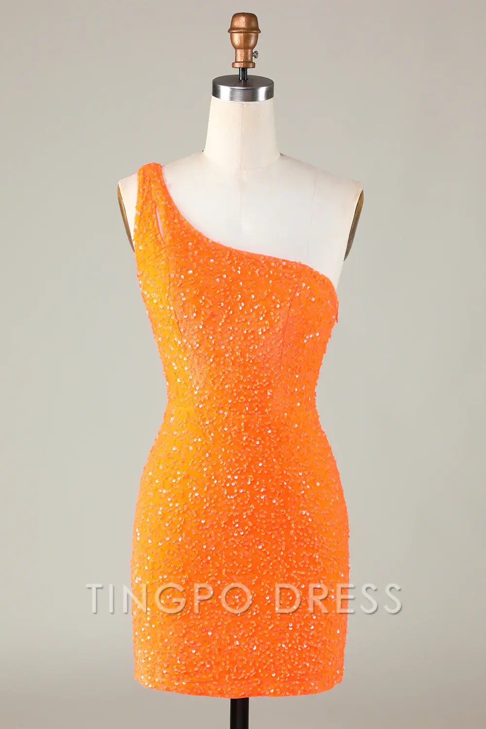 TingPo Wholesale Elegant Sequins One-Shoulder Orange Tight Beading Short Homecoming Dress formal wear dresses