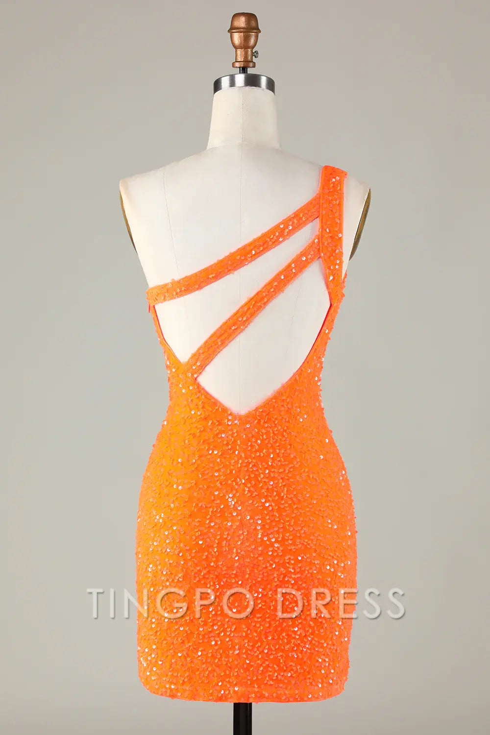 TingPo Wholesale Elegant Sequins One-Shoulder Orange Tight Beading Short Homecoming Dress formal wear dresses