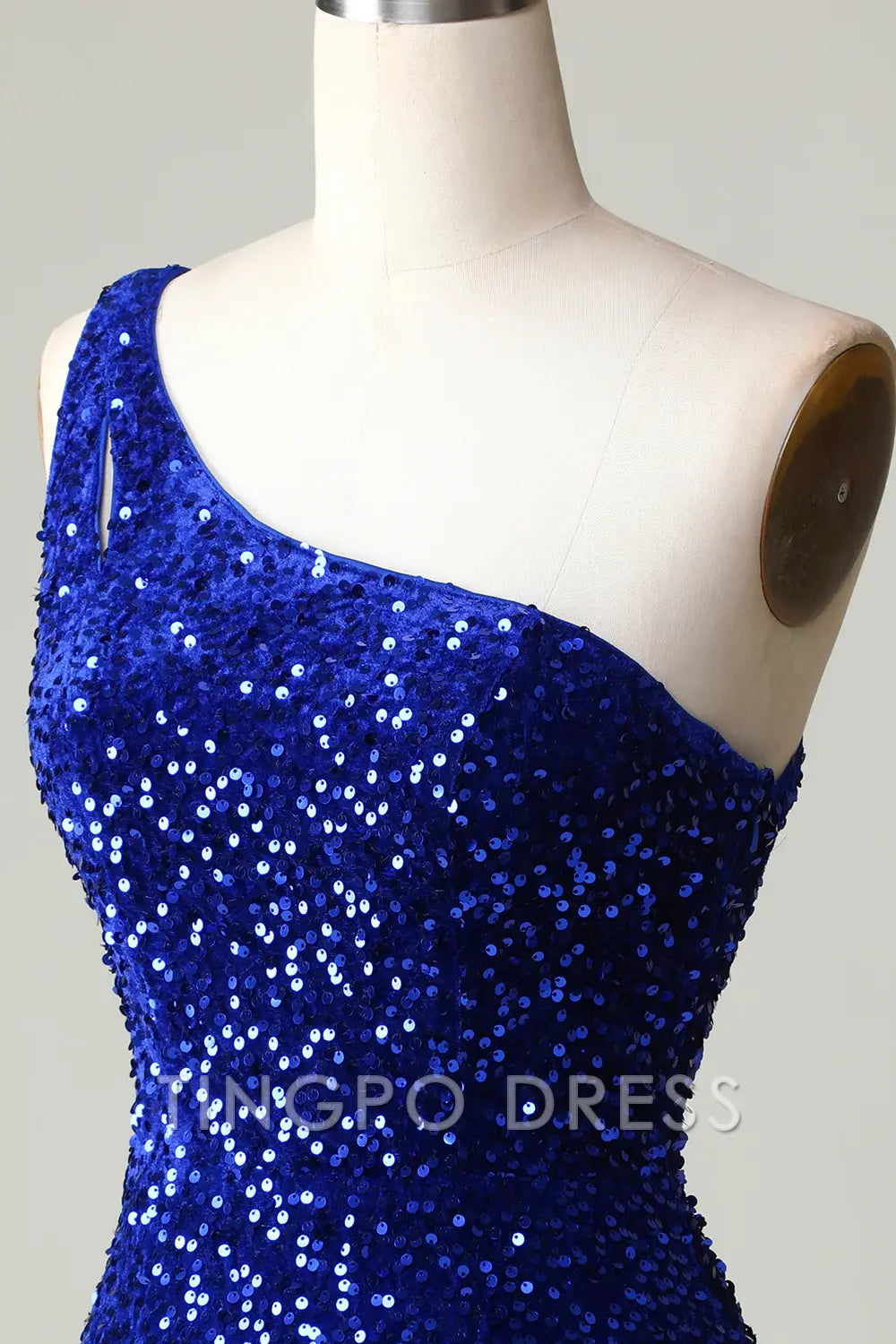 TingPo Wholesale Elegant Sequins One-Shoulder Royal Blue Tight Beading Short Homecoming Dress formal wear dresses