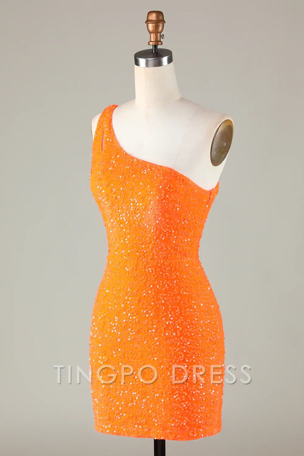 TingPo Wholesale Elegant Sequins One-Shoulder Orange Tight Beading Short Homecoming Dress formal wear dresses
