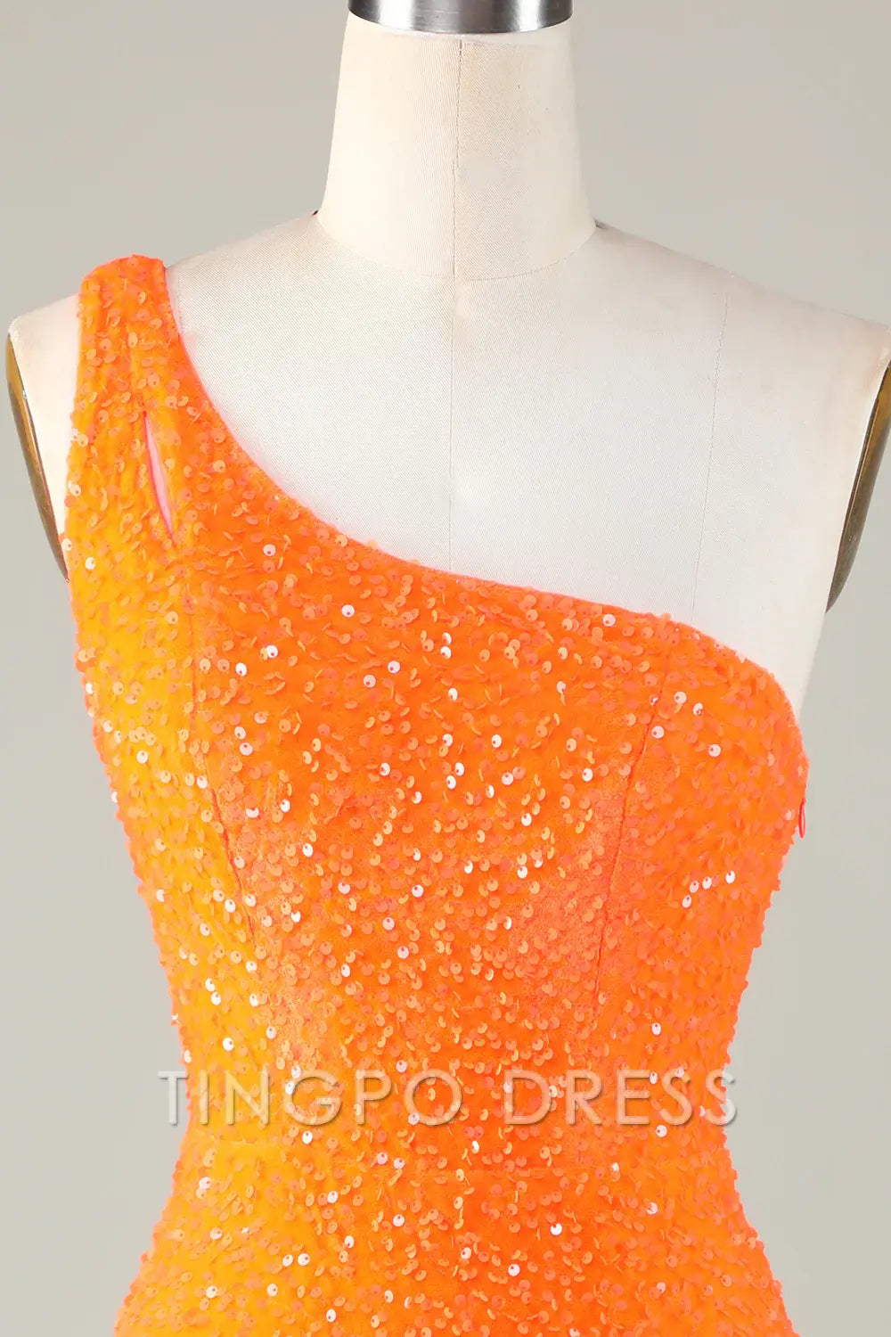 TingPo Wholesale Elegant Sequins One-Shoulder Orange Tight Beading Short Homecoming Dress formal wear dresses