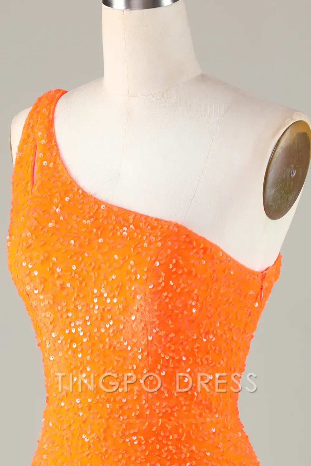 TingPo Wholesale Elegant Sequins One-Shoulder Orange Tight Beading Short Homecoming Dress formal wear dresses
