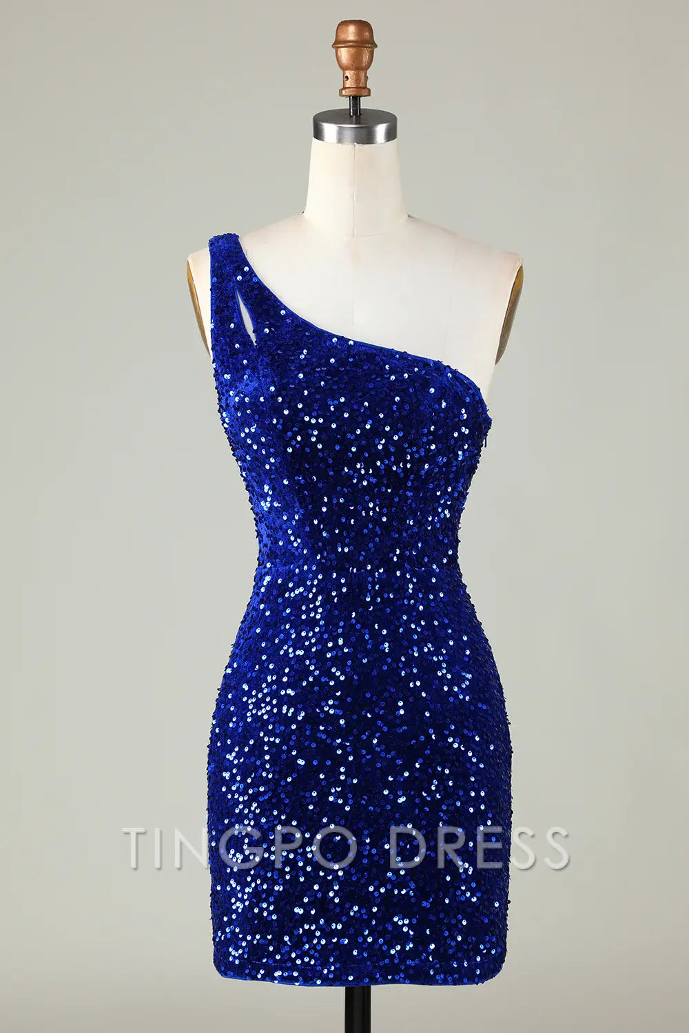 TingPo Wholesale Elegant Sequins One-Shoulder Royal Blue Tight Beading Short Homecoming Dress formal wear dresses