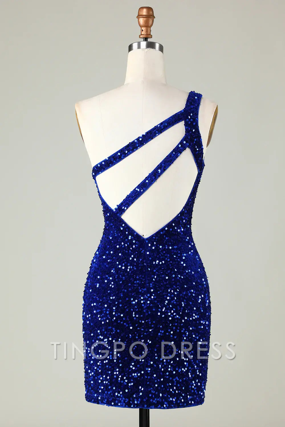TingPo Wholesale Elegant Sequins One-Shoulder Royal Blue Tight Beading Short Homecoming Dress formal wear dresses