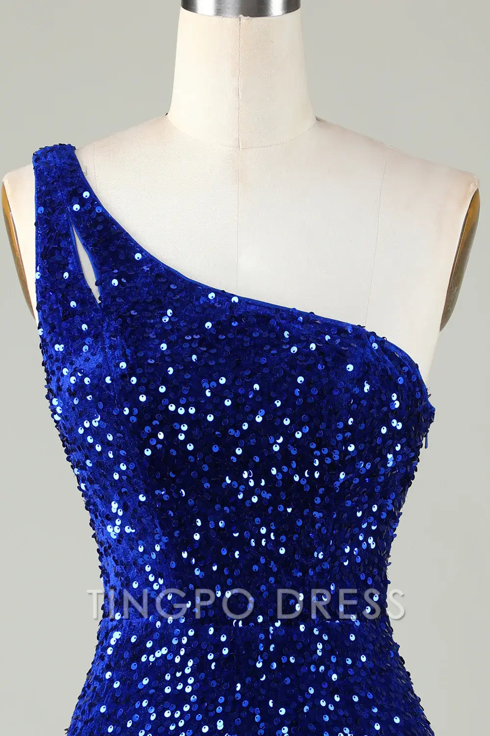 TingPo Wholesale Elegant Sequins One-Shoulder Royal Blue Tight Beading Short Homecoming Dress formal wear dresses