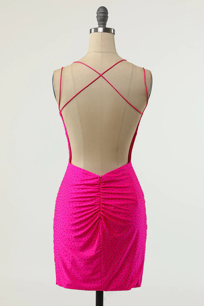 Wholesale Sexy V-Neck Sleeveless Short Backless Fuchsia Prom/Homecoming Dress with Sequins