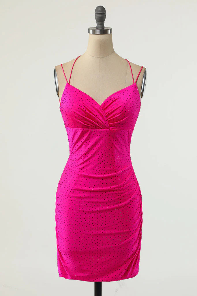 Wholesale Sexy V-Neck Sleeveless Short Backless Fuchsia Prom/Homecoming Dress with Sequins