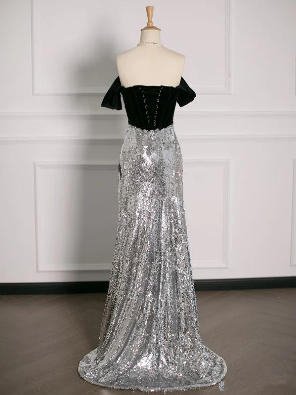 TingPo Wholesale Sexy A Line Off The Shoulder Sequin Prom Dresses Party Evening Dress With Ruffles