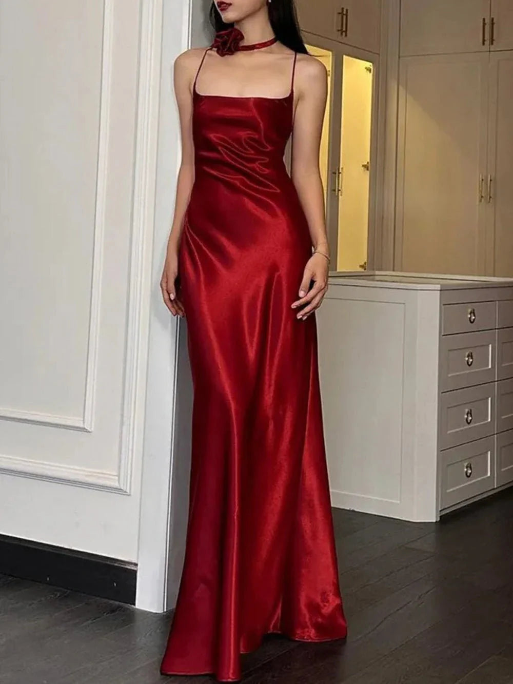 TingPo Wholesale Sexy A Line Spaghetti Straps Red Floor Length Backless Prom Dresses