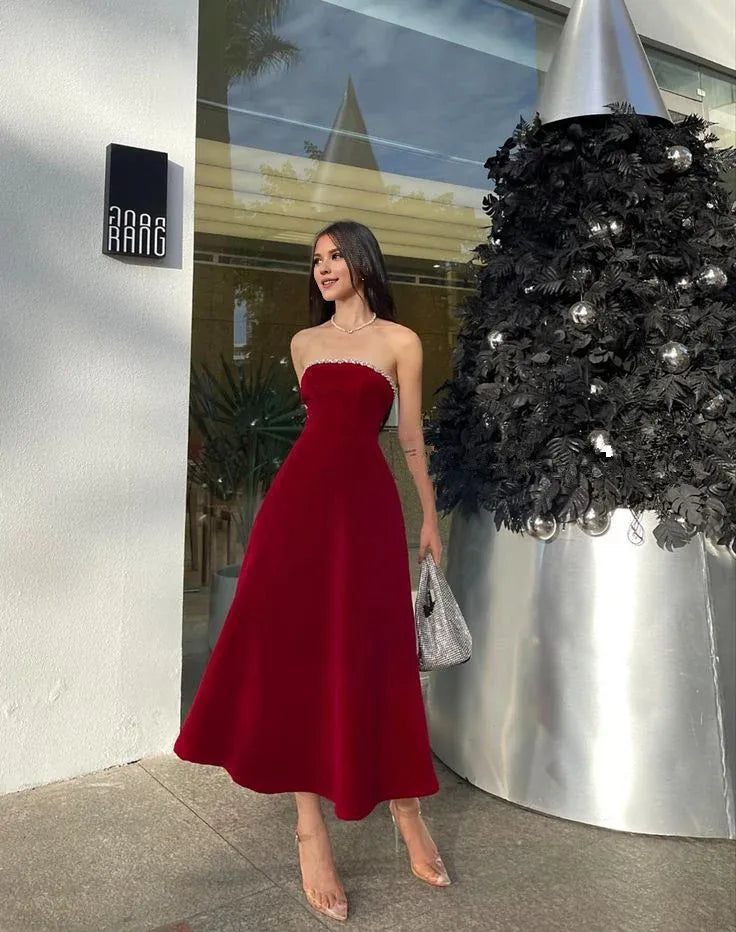 Wholesale Sexy A Line Strapless Burgundy Evening Dress Prom Dresses Birthday Outfits formal wear dresses