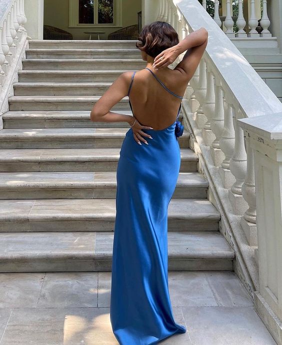 TingPo Wholesale Sexy A line Backless Royal Blue Satin Prom Dresses